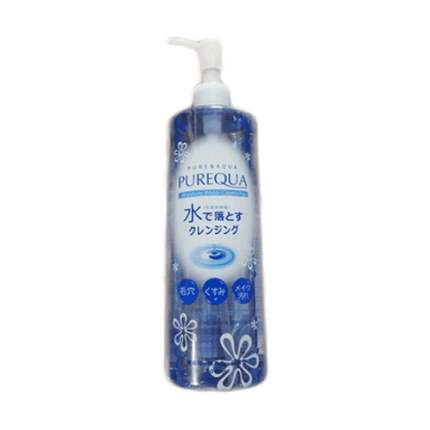 Blue pump bottle of Pure & Aqua Purequa Moisture Water Cleansing, highlighting pore and makeup removal benefits.