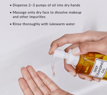 Instructions for using DHC Deep Cleansing Oil, with text and an image of dispensing the oil into a hand.
