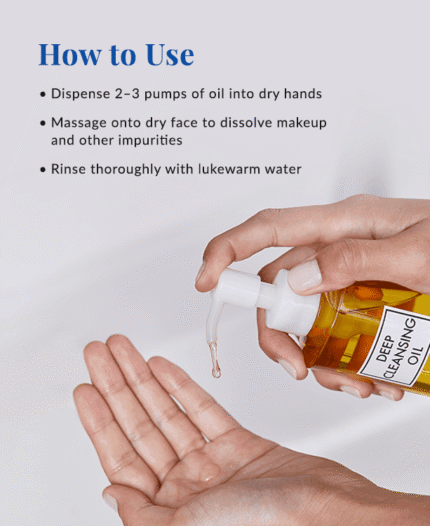 Instructions for using DHC Deep Cleansing Oil, with text and an image of dispensing the oil into a hand.