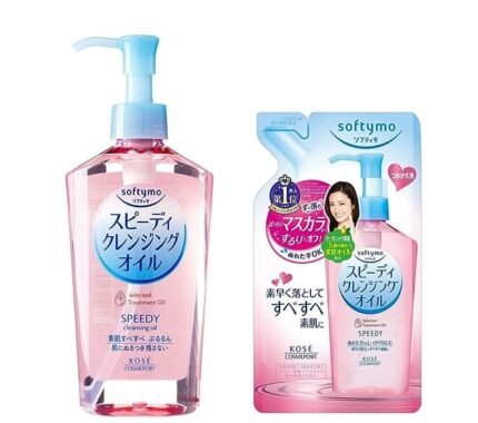 A bottle of Kose Softymo Speedy Cleansing Oil next to its refill pouch, highlighting their speedy makeup removal.