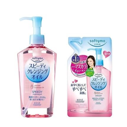 A bottle of Kose Softymo Speedy Cleansing Oil next to its refill pouch, highlighting their speedy makeup removal.