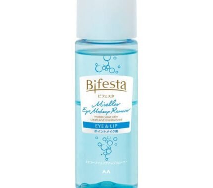 Blue bottle of Bifesta Micellar Eye Makeup Remover for eye and lip makeup.