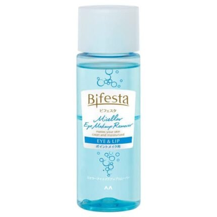 Blue bottle of Bifesta Micellar Eye Makeup Remover for eye and lip makeup.