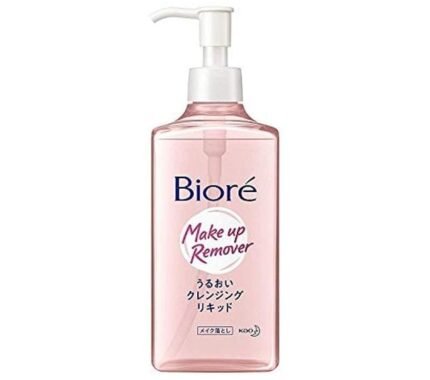 Pink bottle of Biore Make Up Remover with a pump, emphasizing moisturizing cleansing.