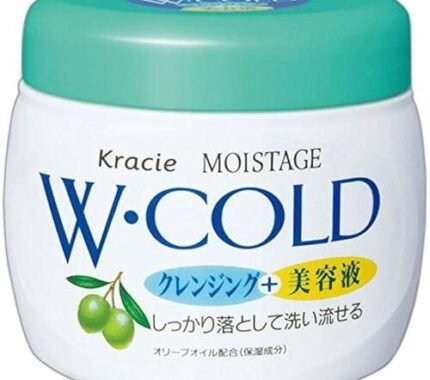 White jar of Kracie Moistage W Cold Cream with a green lid, featuring an olive illustration and Japanese text.