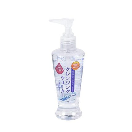 Clear pump bottle of Daiso Cleansing Water, featuring a blue label and text in Japanese.