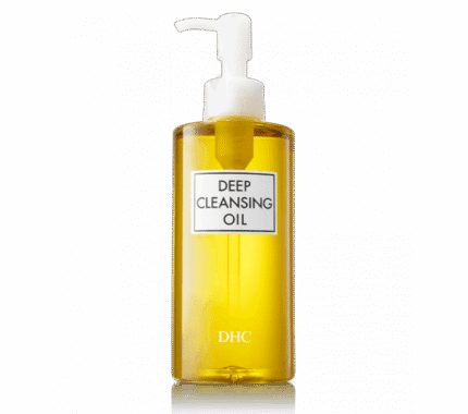 Clear bottle of DHC Deep Cleansing Oil with a white pump.