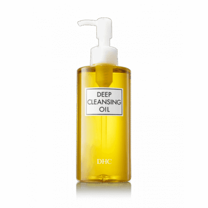 Clear bottle of DHC Deep Cleansing Oil with a white pump.