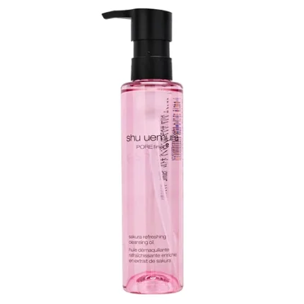 Pink transparent bottle of Shu Uemura Porefinist 2 Sakura Refreshing Cleansing Oil with a black pump.