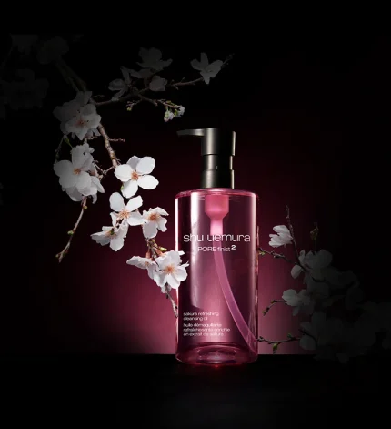 Elegant product shot of Shu Uemura Pore Finist 2 Sakura Refreshing Cleansing Oil bottle against a dark background with white cherry blossoms.