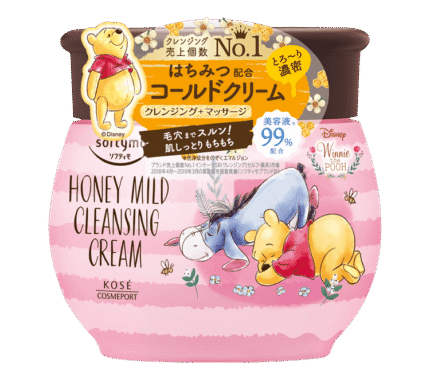 Tub of Softymo Honey Mild Cleansing Cream featuring Winnie the Pooh, Piglet, and Eeyore, highlighting honey as an ingredient.
