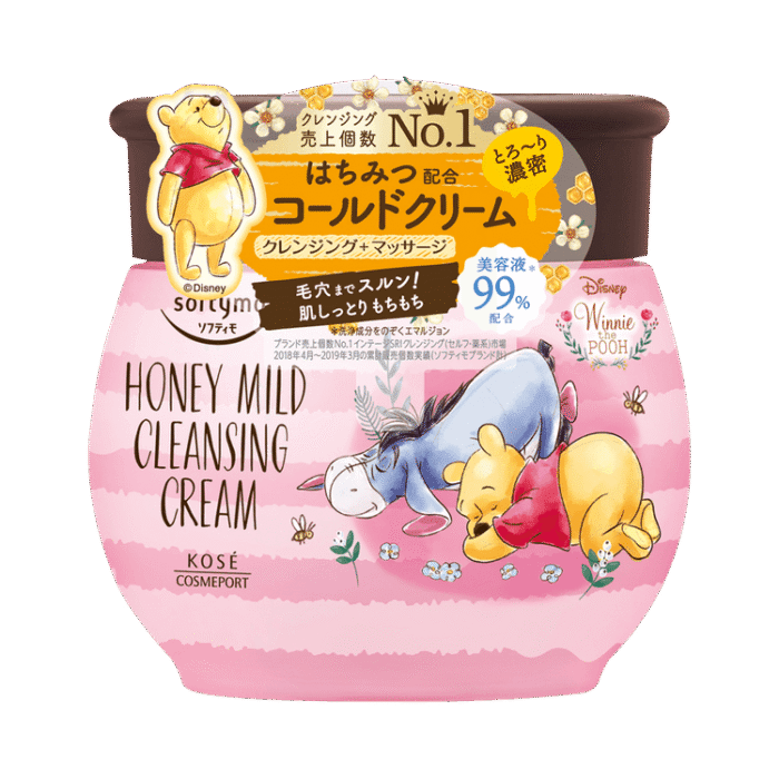 Tub of Softymo Honey Mild Cleansing Cream featuring Winnie the Pooh, Piglet, and Eeyore, highlighting honey as an ingredient.