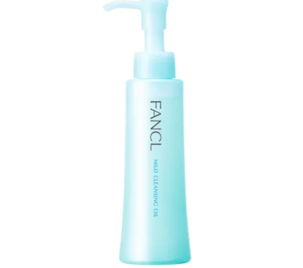 Light blue pump bottle of FANCL Mild Cleansing Oil, a Japanese skincare product.
