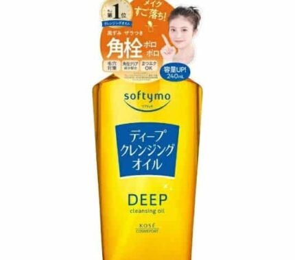 Yellow bottle of Kose Softymo Deep Cleansing Oil with a pump, with a woman's photo and highlighting pore and blackhead removal benefits.