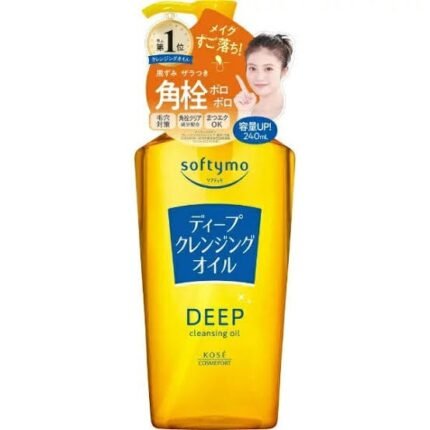 Yellow bottle of Kose Softymo Deep Cleansing Oil with a pump, with a woman's photo and highlighting pore and blackhead removal benefits.