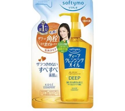 Refill packaging for Softymo Deep Cleansing Oil, a Japanese makeup remover emphasizing pore cleansing and blackhead removal.