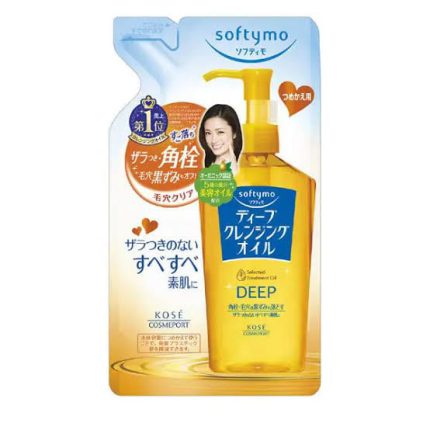Refill packaging for Softymo Deep Cleansing Oil, a Japanese makeup remover emphasizing pore cleansing and blackhead removal.
