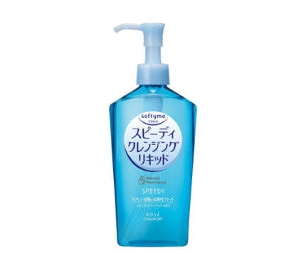 Blue pump bottle of Kose Softymo Speedy Cleansing Liquid, a Japanese makeup remover known for its fast cleansing action.