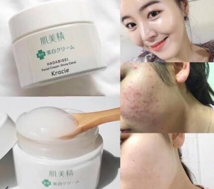 Advertisement for HADABISEI Facial Cream showing the product and before and after acne treatment results.