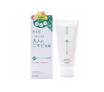 A tube of Hadabisei Adult Acne Measures Medicated Clear Facial Cleanser Facewash. Beside its packet.