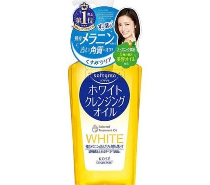 Bottle of Kose Softymo White Cleansing Oil, featuring a woman's photo and highlighting whitening and melanin removal benefits.