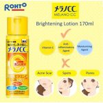 Advertisement for Rohto Melano CC Brightening Lotion. While indicating it does not target acne scars, spots, or pores.