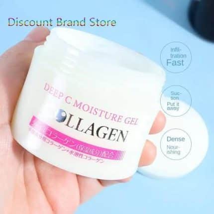 A poster describes the benefits of Daiso Deep C moisture gel Collagen gel face cream. The box in hand.