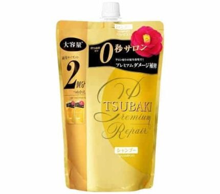 A 660ml refill packet of TSUBAKI Premium Repair Shampoo sealed in plastic packaging.