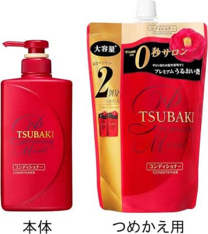 A 660ml refill packetTSUBAKI Premium Moisturizing Hair Conditioner sealed in plastic packaging beside its pump bottle.