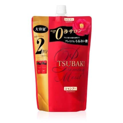 A 660ml refill packet of TSUBAKI Premium Moist Shampoo sealed in plastic packaging.