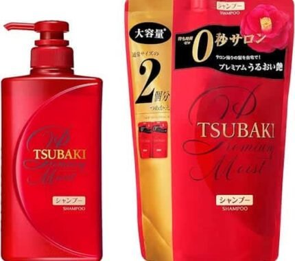 A 660ml refill packet of TSUBAKI Premium Moist Shampoo sealed in plastic packaging beside its pump bottle.