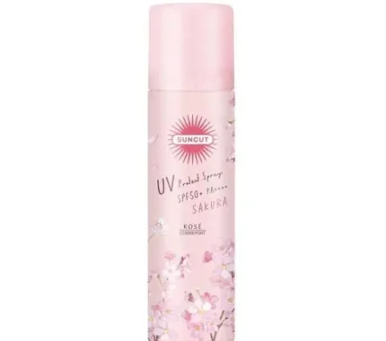 A bottle of KOSE Suncut Sunscreen UV Spray SPF50+ PA++++ Waterproof Cherry Blossom Scent.