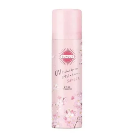 A bottle of KOSE Suncut Sunscreen UV Spray SPF50+ PA++++ Waterproof Cherry Blossom Scent.