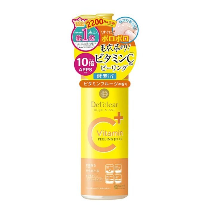 A pump bottle of Detclear Bright & Peel vitamin C jelly with a sticker on top of the bottle.