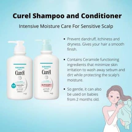 A photo card describes the benefits of Curel shampoo and Conditioner.