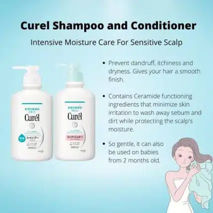 A photo card describes the benefits of Curel shampoo and Conditioner.