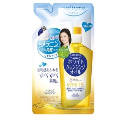 Refill packaging for Kose Softymo White Cleansing Oil. Highlighting whitening and melanin removal benefits.