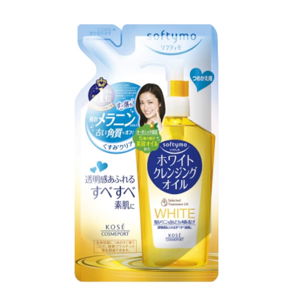 Refill packaging for Kose Softymo White Cleansing Oil. Highlighting whitening and melanin removal benefits.