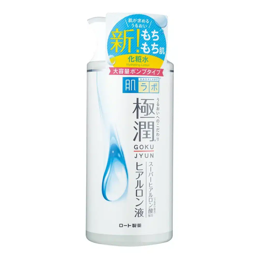 A 400ml pump bottle of Hadalabo Gokujun Hyaluronic Oxidized Cosmetic Water sealed in plastic packaging.