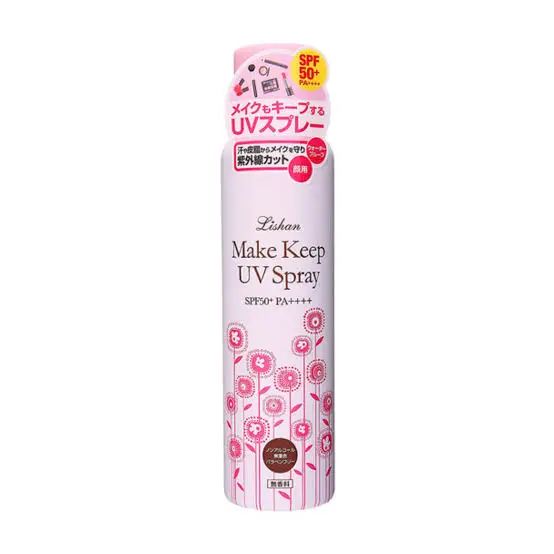 A bottle of Eye Style Lishan Makeup Keep UV Spray Fragrance-Free Spf 50++.