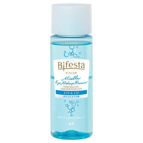 Blue bottle of Bifesta Micellar Eye Makeup Remover for eye and lip makeup.