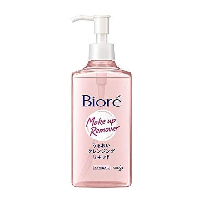 Pink bottle of Biore Make Up Remover with a pump