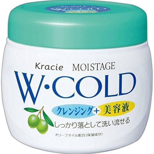 White jar of Kracie Moistage W Cold Cream with a green lid