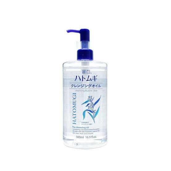 Clear bottle of Hatomugi The Cleansing Oil with a blue pump