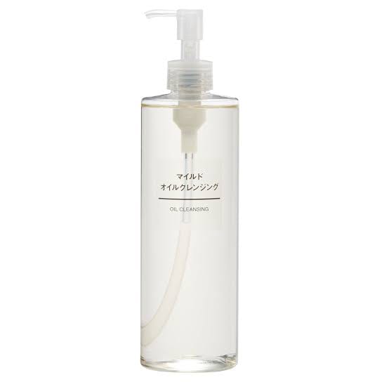 Clear bottle of Muji Mild Oil Cleansing with a pump