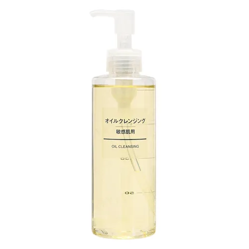 Clear bottle of Muji Sensitive Skin Cleansing Oil with a pump