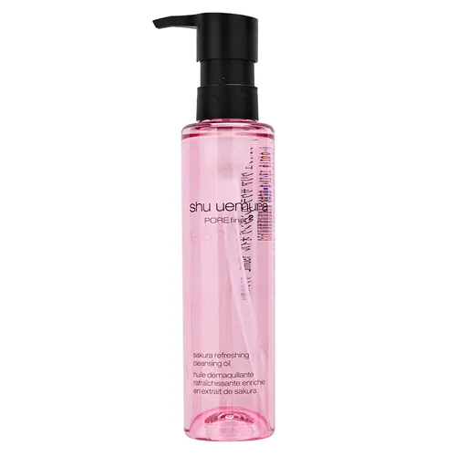 Pink transparent bottle of Shu Uemura Porefinist 2 Sakura Refreshing Cleansing Oil with a black pump.
