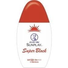 A bottle of Sunplay Super Block sunscreen with SPF 50+